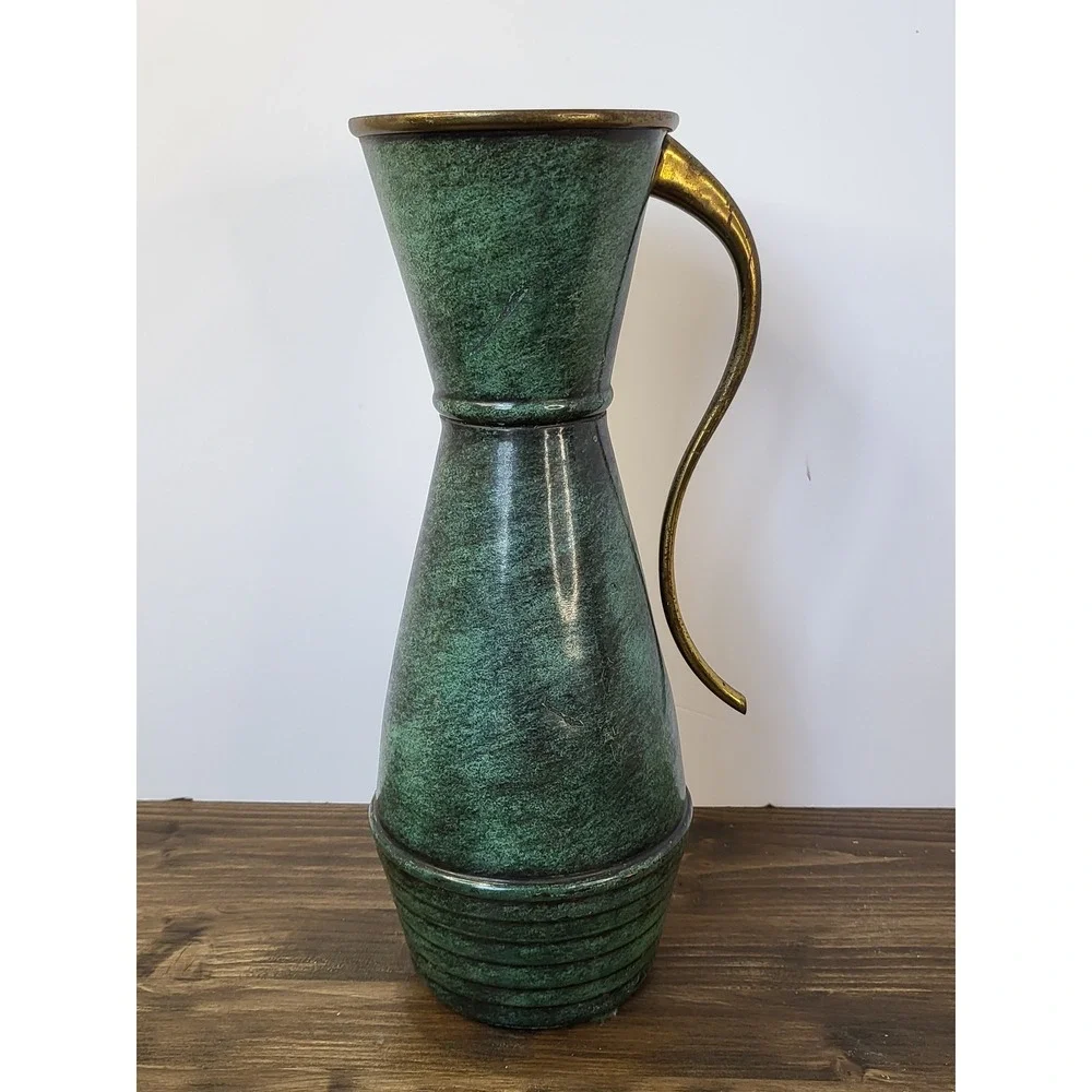 Vintage Sabra Israel Verdigris Brass Pitcher MCM Green Vase 12.5in